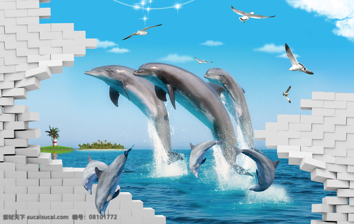 3d 立体感 海洋 海豚 湾 背景 墙 画 壁画 立体 海豚湾 背景墙 墙画 3d渲染 3d模型 效果图
