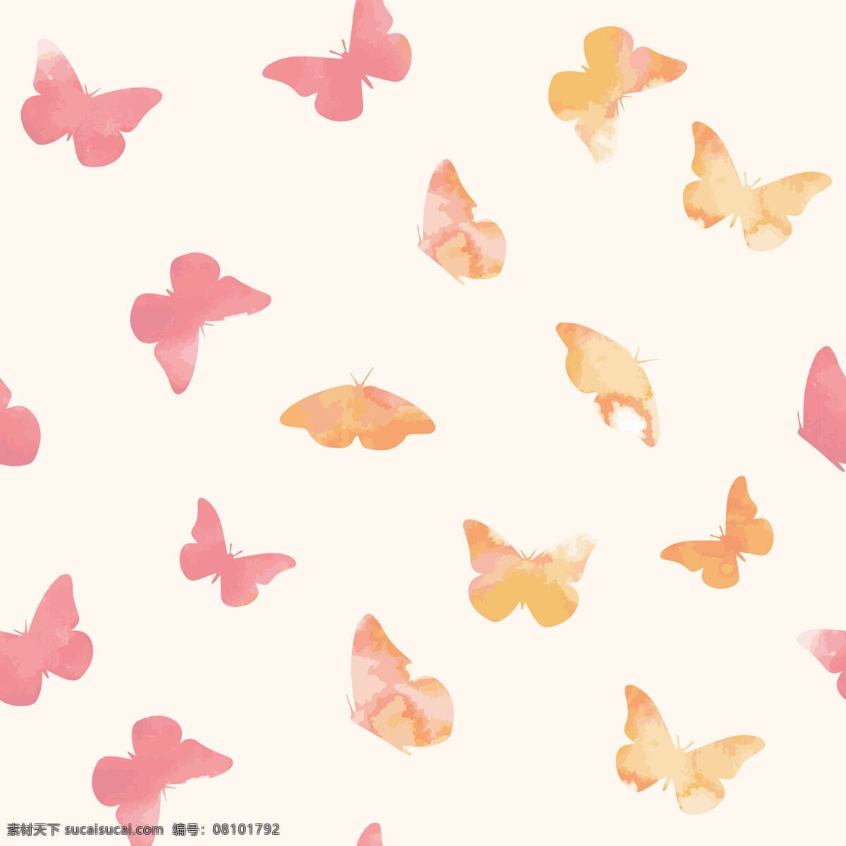 浪漫 清新 蝴蝶 壁纸 图案 装饰设计 浅粉色调 壁纸图案 粉色蝴蝶 橙黄色蝴蝶 水粉画