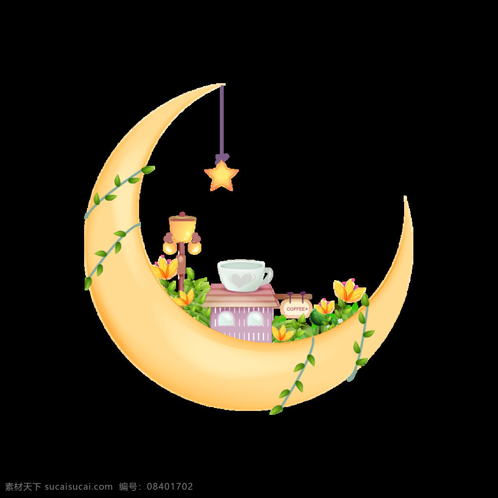 卡通 月亮 绿 藤 元素 手绘 黄色月亮 弯月 绿藤 花朵 花园