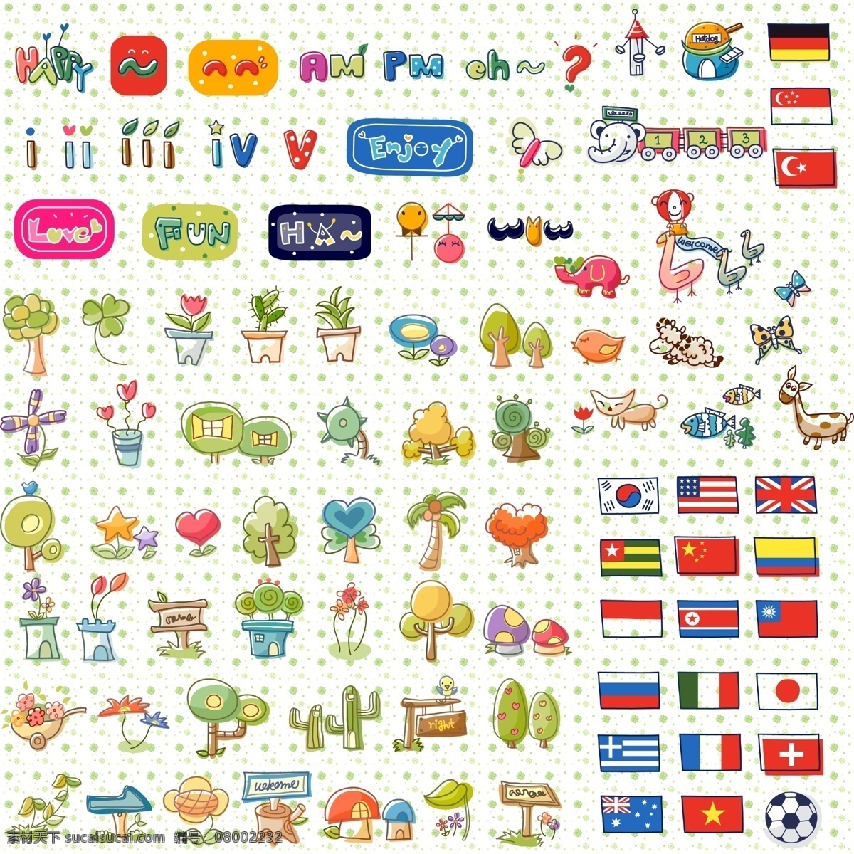 可爱韩国小物 可爱 韩国 物件 生活用品 动物 国旗 标识 图标 线条 手绘 植物 字母 卡通 分层 源文件