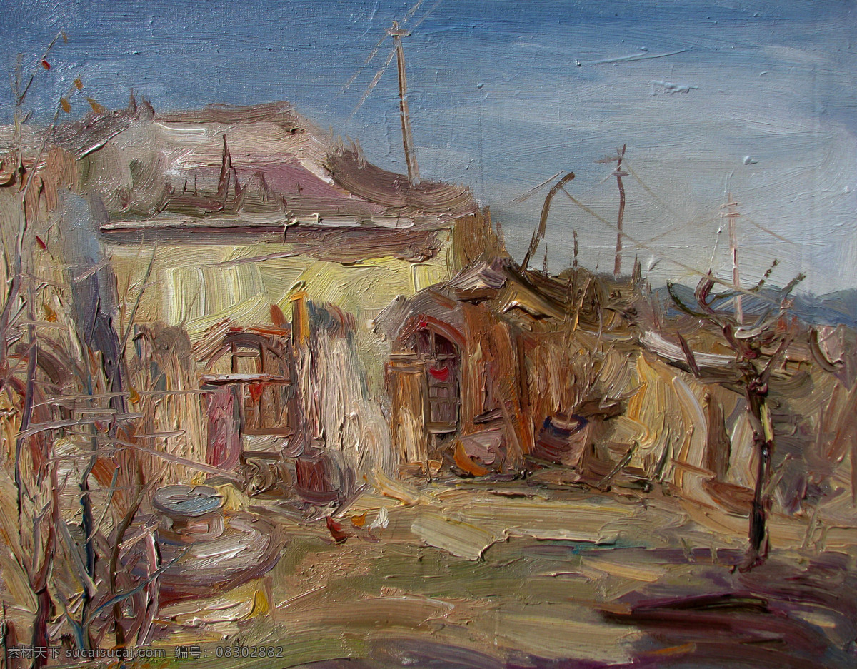 房屋 风景 绘画书法 美术 民居 树木 文化艺术 黄土地 油画 西北 黄土高原 村子 远山 油画艺术 油画作品39