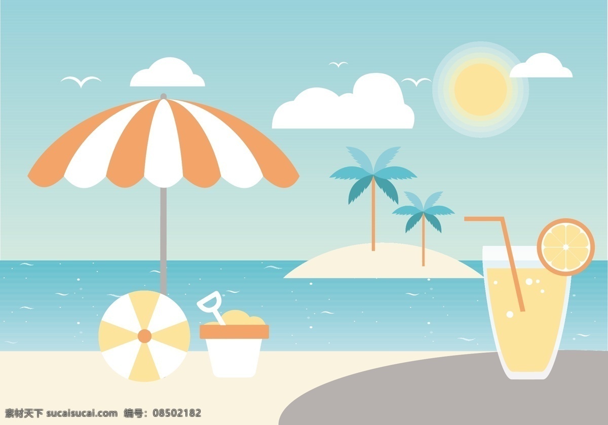 夏季 唯美 沙滩 插画 唯美插画 插画素材 夏季插画 夏天 矢量素材 饮料 果汁 海边 海洋 大海