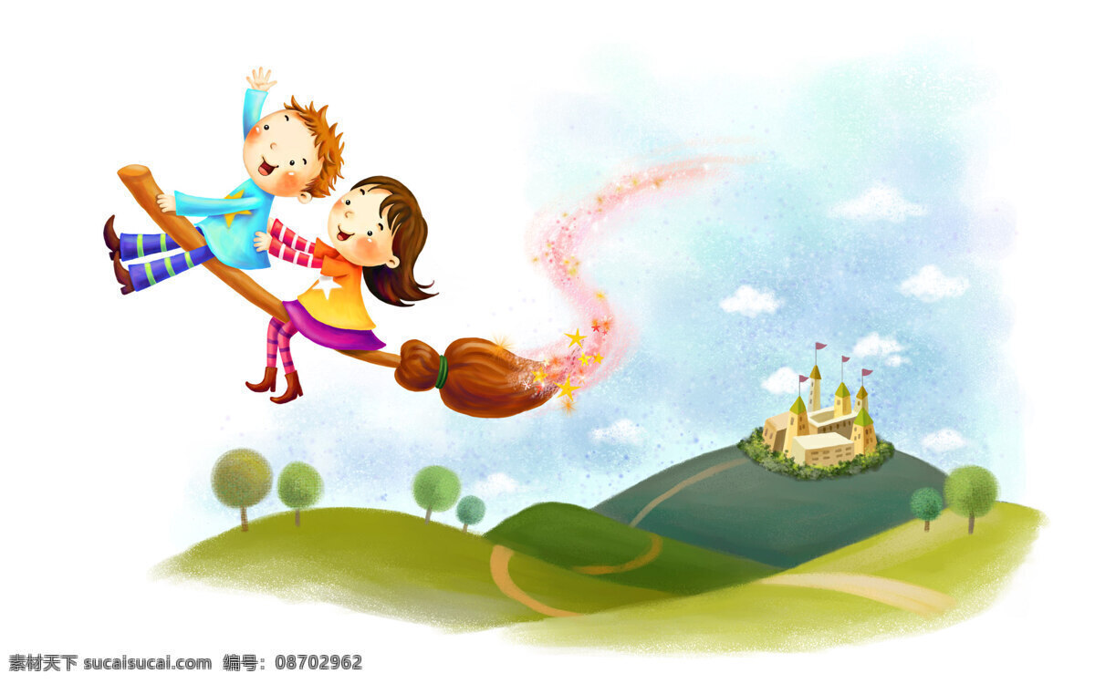 坐在 扫帚 上 小孩 城堡 卡通 快乐 梦幻 手绘 动漫 可爱