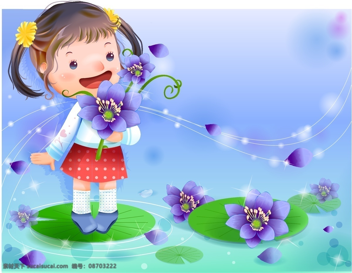 卡通小妹妹 卡通 小女孩 小妹妹 花朵 曲线 蓝色 花瓣 荷叶 植物 漂亮 可爱 儿童幼儿 矢量人物 矢量