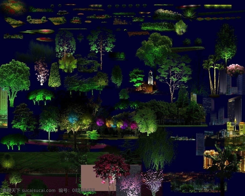 夜景植物 植物夜景效果 ps后期 照明设计 乔木 灌木 小品 分层 源文件