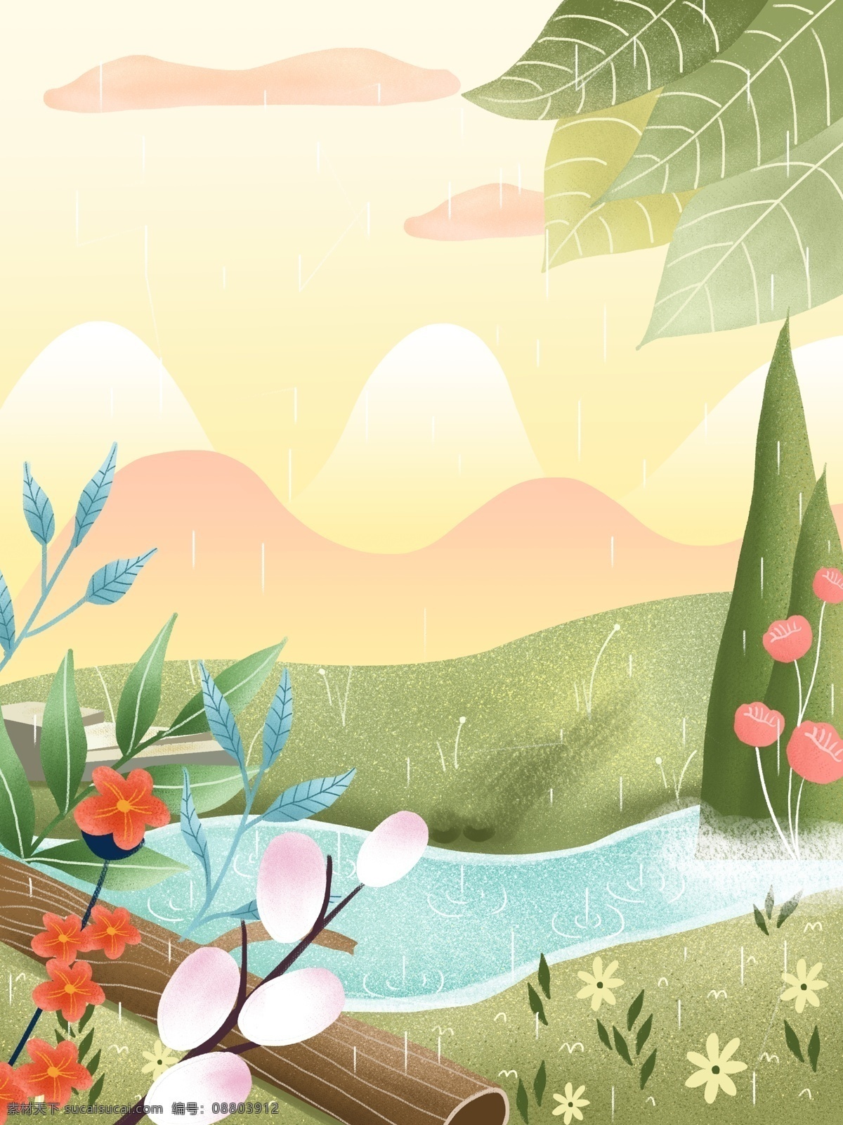 手绘 谷雨 节气 绿叶 花草 背景 绿叶背景 夏天 谷雨节气 传统节气 立夏 彩绘背景 促销背景 背景展板图