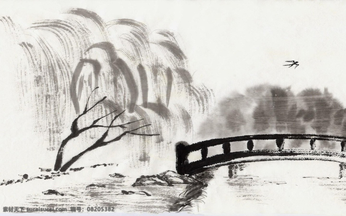 水墨画 水墨 小桥流水 细柳 绘画书法 文化艺术