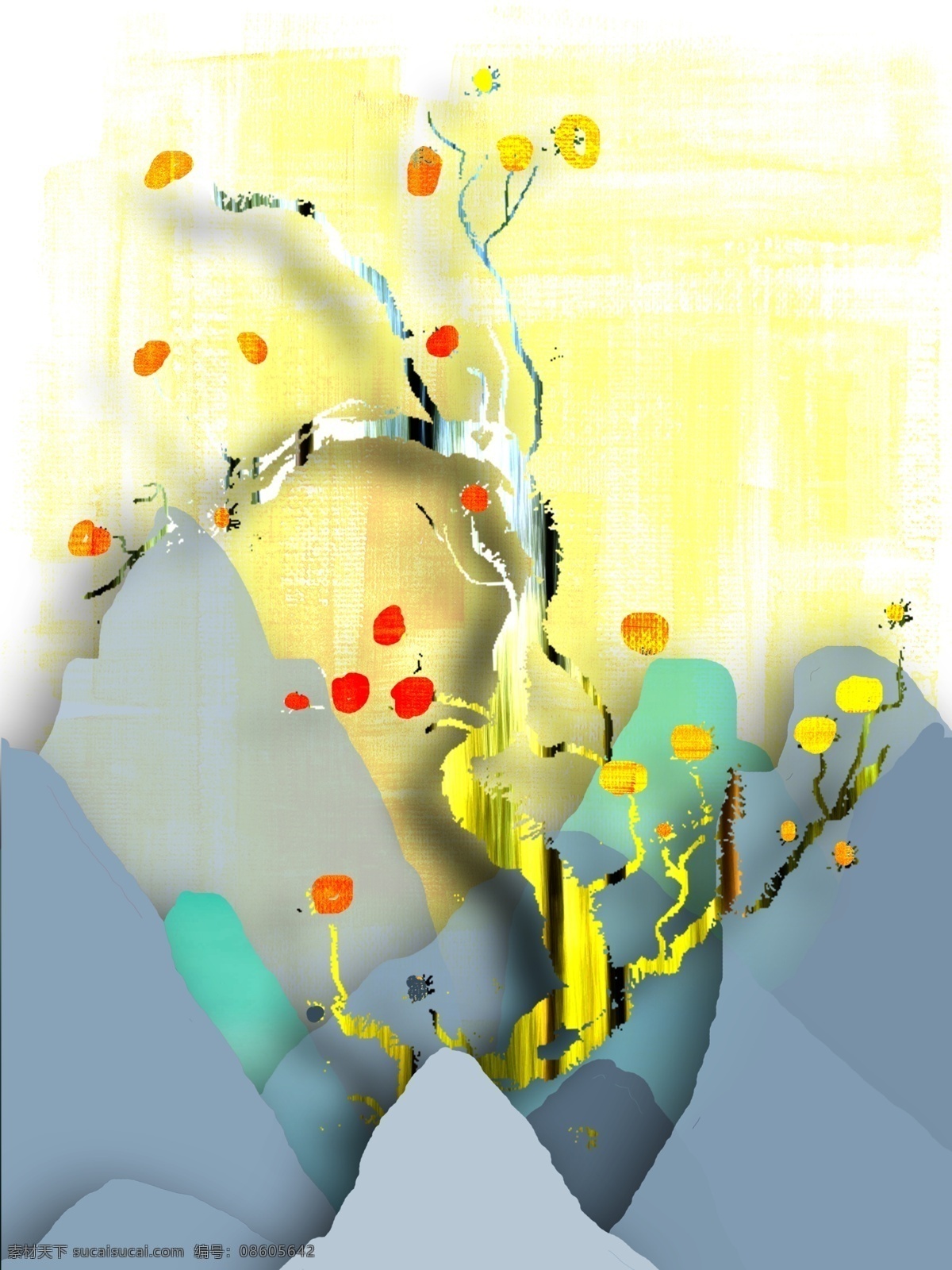 新 中式 简约 波 点 树 客厅 装饰画 抽象背景 淡黄色肌理 一联画 淡蓝色群山 发财波点树