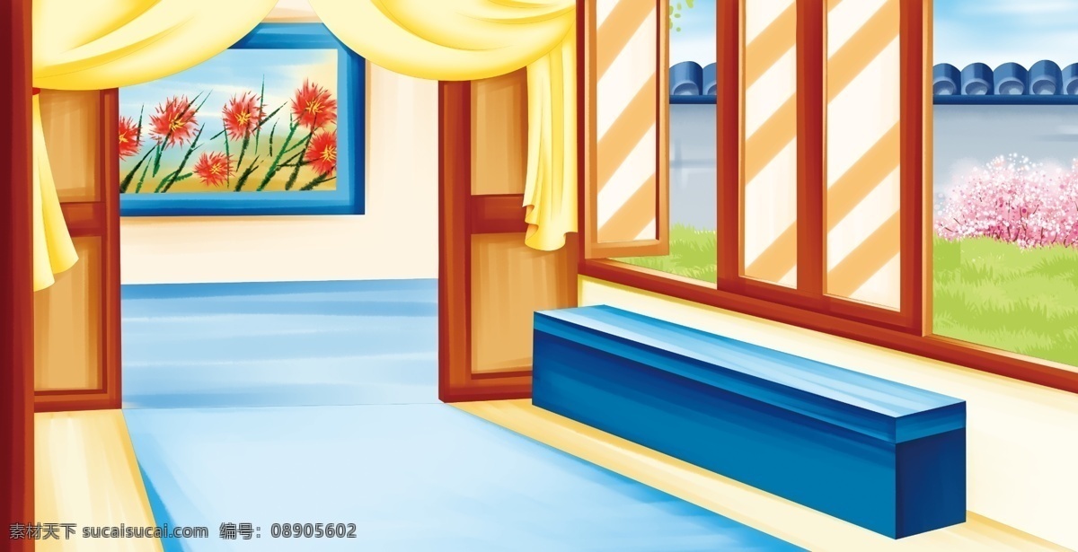 手绘 古风 室内设计 背景 古风背景 花朵 窗户 背景素材 广告背景 黄色帘子