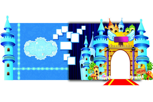 蓝色 魔法 王国 迎宾 婚礼 现场 布置图 生日 城堡 psd矢量图 可以分层修改