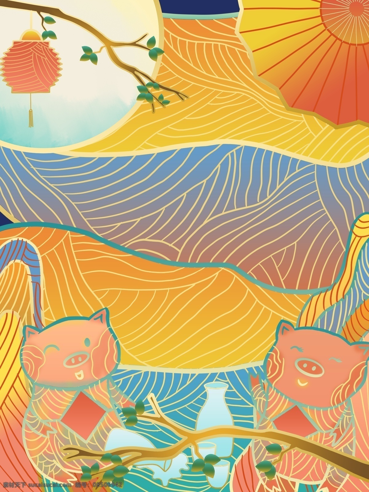手绘 线条 猪年 背景 灯笼 色彩 促销背景 背景图 创意 新年 花枝 新年背景 猪年设计 2019 线条画 彩绘背景 特邀背景