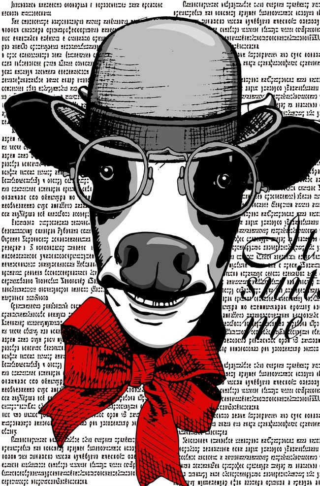 带黑帽子的狗 黑帽子 眼镜框 领结 狗 报纸 报纸素材 环境设计 无框画