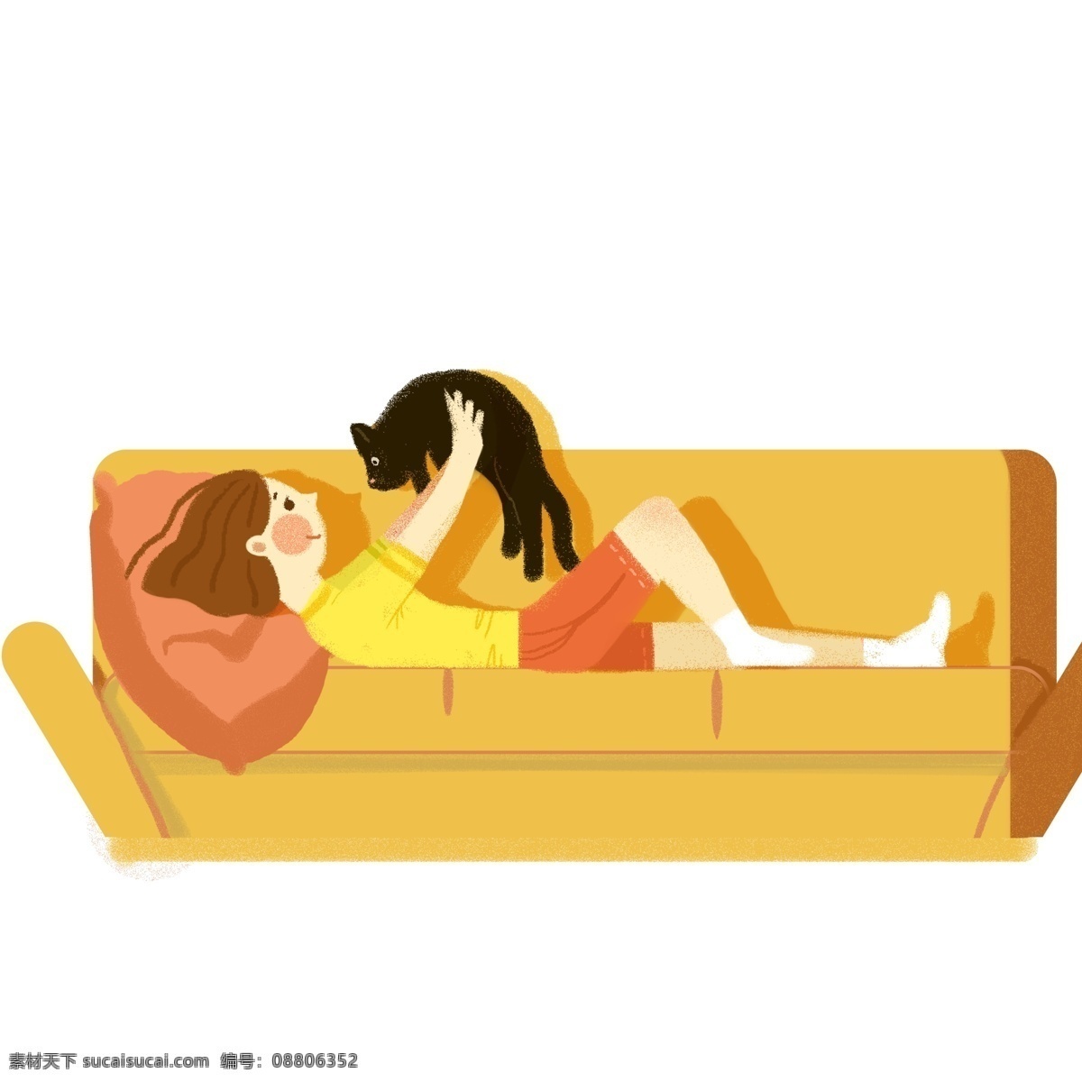 手绘 上 发 撸 猫 女孩 商用 元素 温馨 温暖 插画 卡通 沙发 彩绘 撸猫 少女 猫咪 萌宠