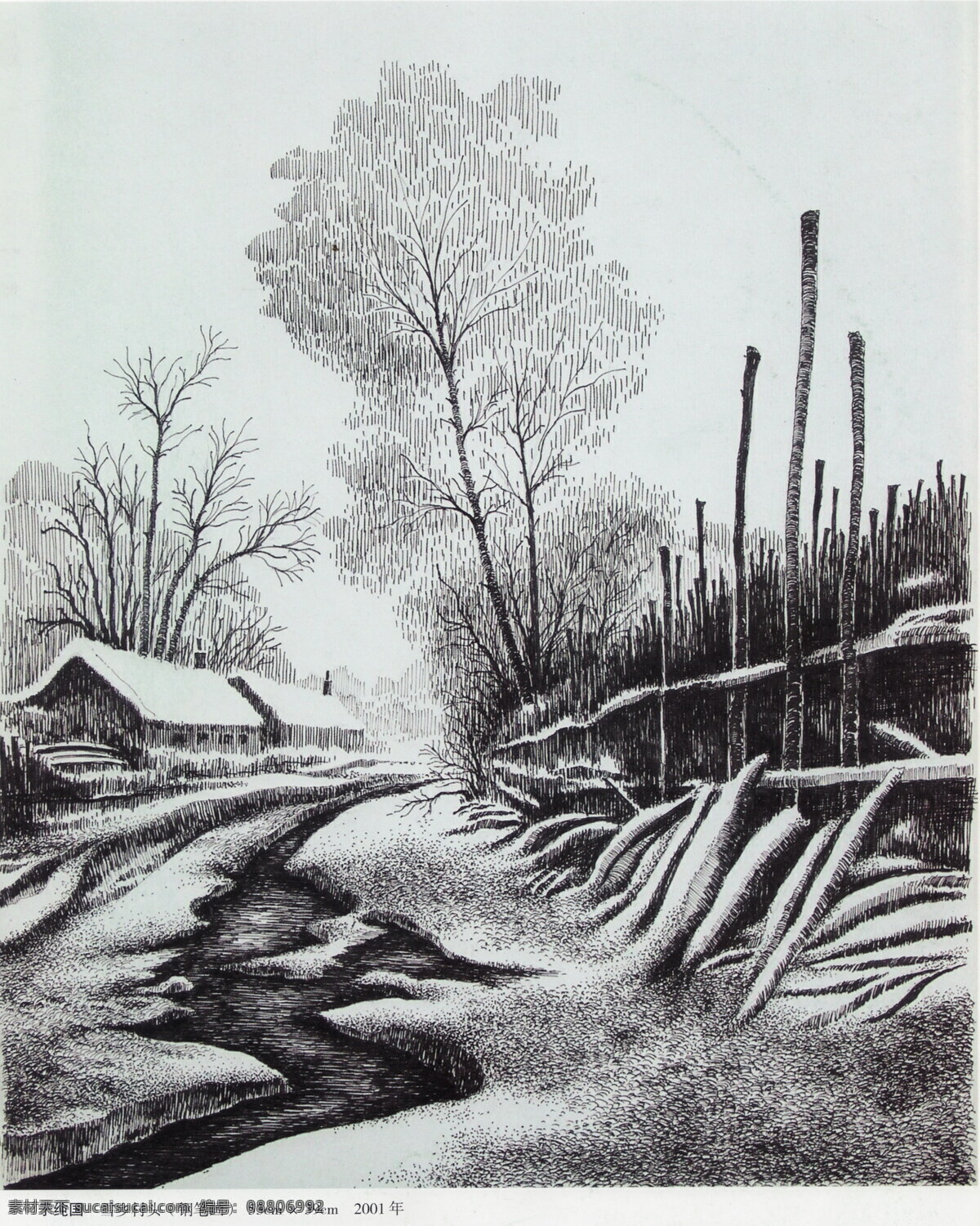 房子 风景画 钢笔画 河 河水 黑白画 绘画书法 木屋 雪乡 村头 设计素材 模板下载 雪乡村头 线条 线稿 线描 中国画 树 树木 草屋 溪水 小河 雪 雪地 文化艺术 装饰素材 山水风景画