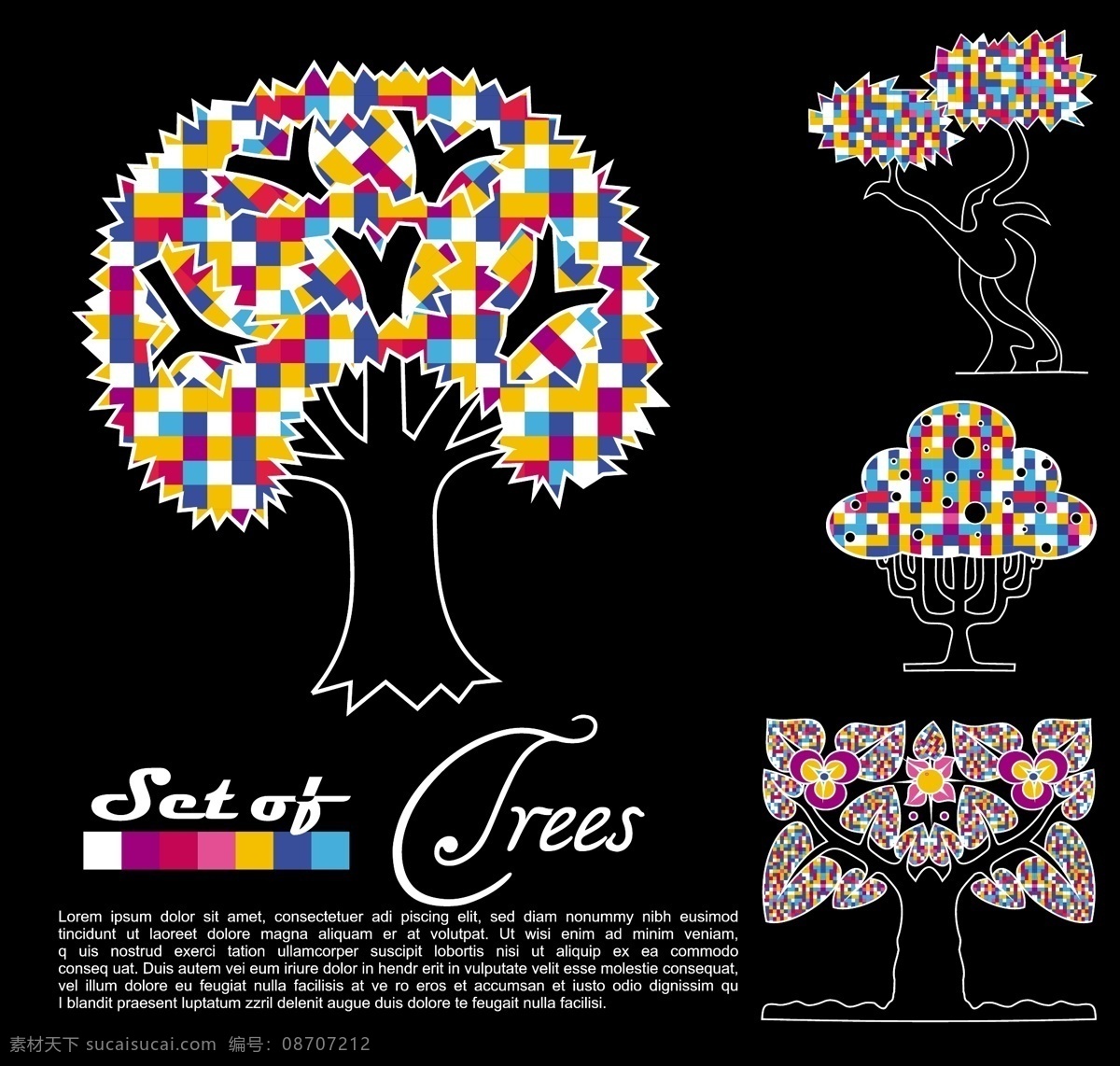 炫彩 树木 图案 背景 抽象 拼图 矢量素材 矢量图 花纹花边