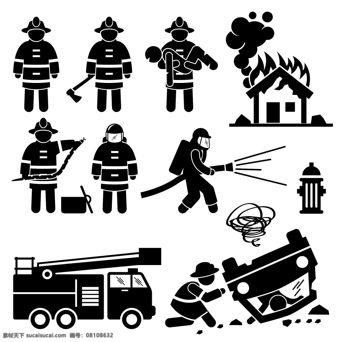 消防 元素 剪影 人物 消防队员 火灾 车祸 救援 矢量 高清图片