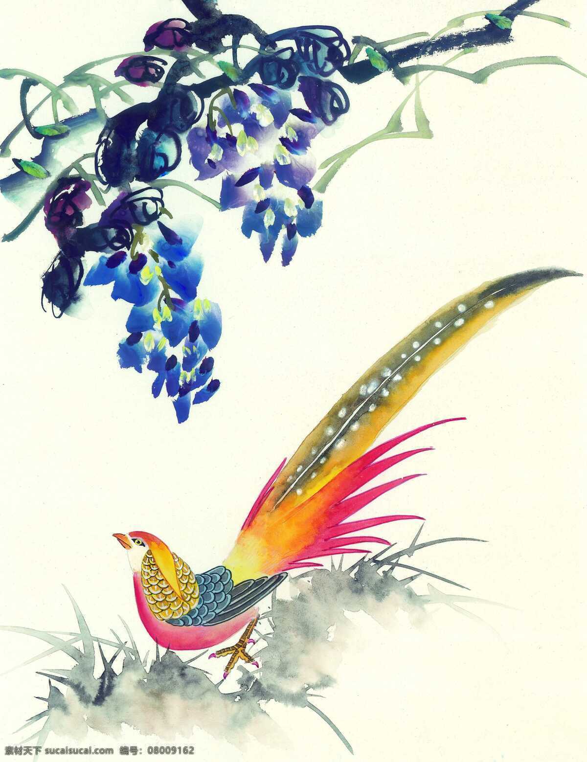 漂亮 飞鸟 水彩画 水彩 画 水墨画 图案 文化 艺术 古代 传统 水墨花鸟 花鸟绘画 书画文字 文化艺术