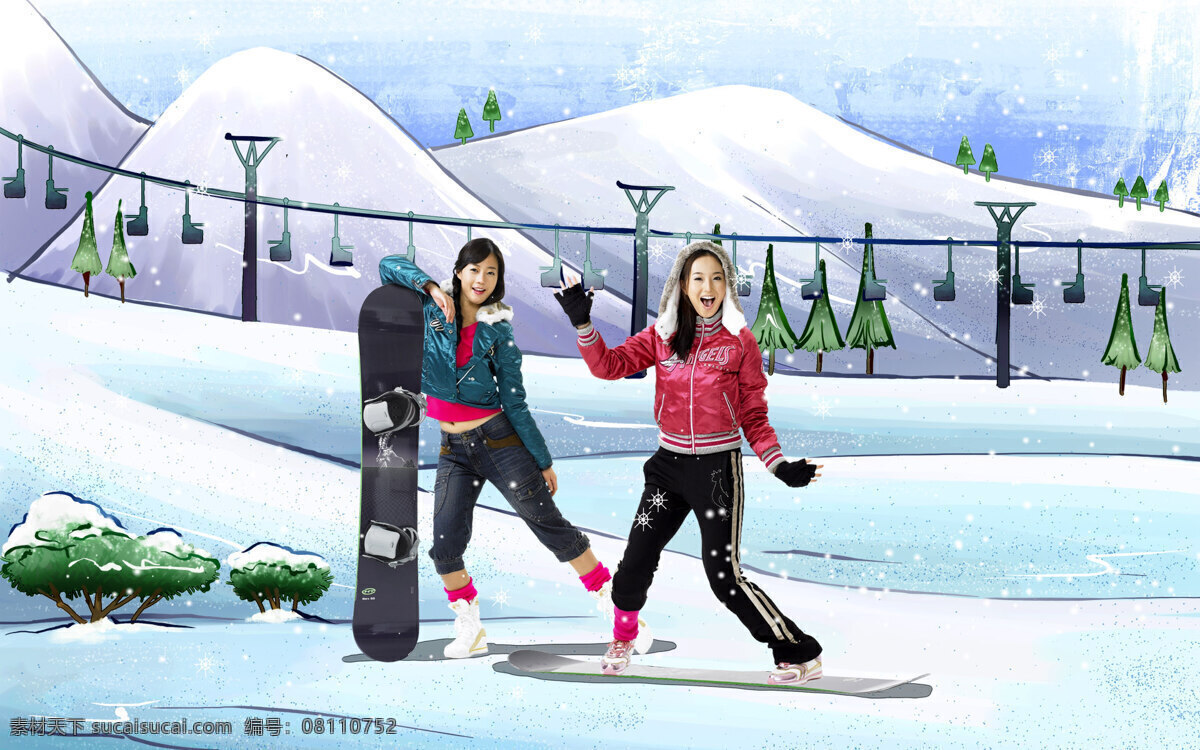 插画背景 冬天 滑雪 滑雪人物 缆车 美女 人物图库 人物写真 青年人物 雪橇 时尚 雪季 设计图库 插画集