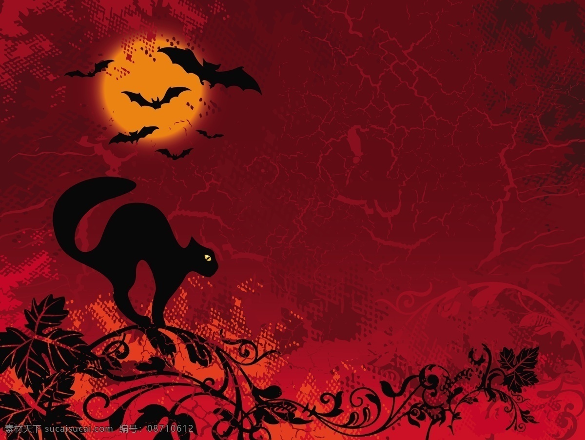 万圣节 插画 夜景 蝙蝠 城堡 坟墓 黑猫 花藤 矢量素材 月亮 巫师 扫帚 矢量图 其他矢量图