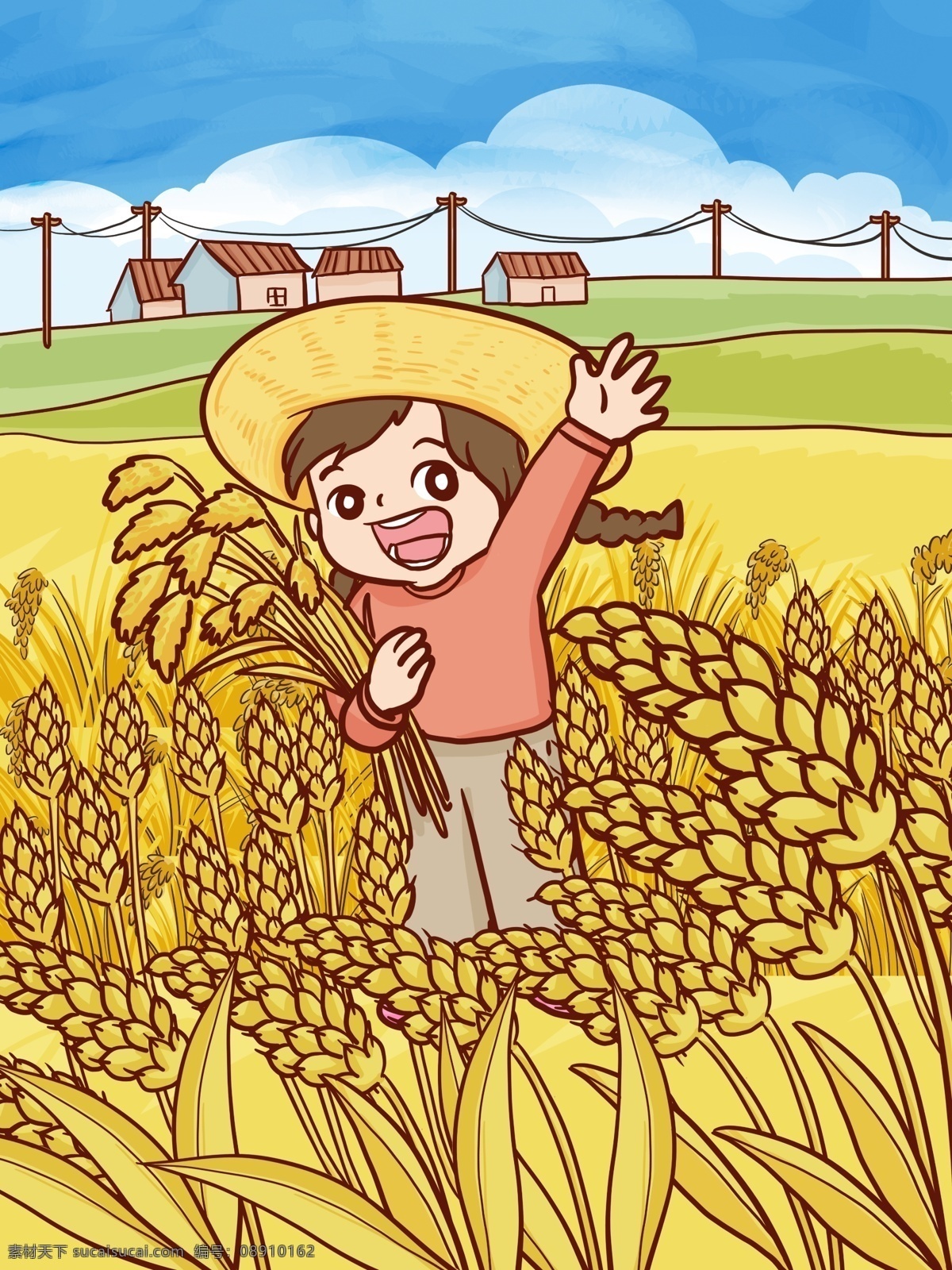 二十四节气 芒种 季节 女孩子 收割 麦子 手绘 插画 二十四 节气 女孩 农村 黄金 夏天 开心 卡通