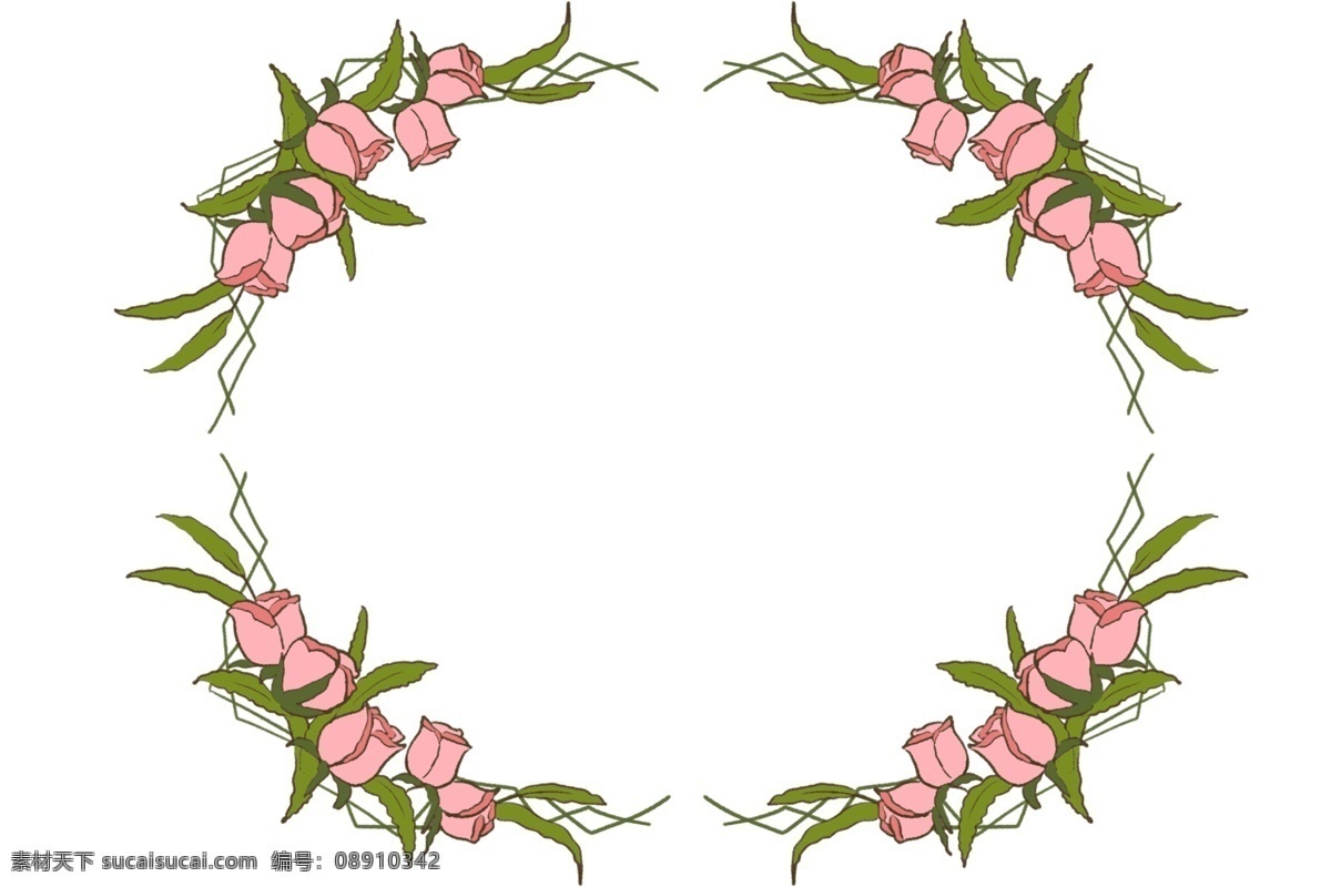 粉色 小花 边框 插画 粉色的小花 绿色的叶子 植物装饰 卡通边框 立体边框 植物边框 精美边框