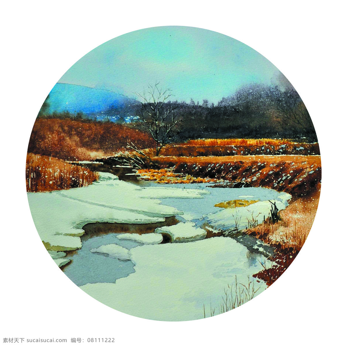 乡野春雪 美术 水彩画 风景 冬天 山野 溪流 大冰块 树林 文化艺术 绘画书法