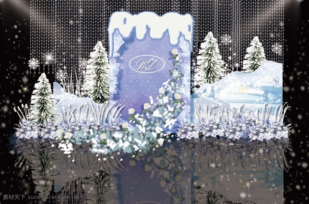 蓝色 冰雪 纯净 水晶 冷色 调 婚礼 舞台 效果图 冰雪背景 psd文件 雪花 融雪 冷色调婚礼 系 冰雪婚礼舞台 鲜花破冰