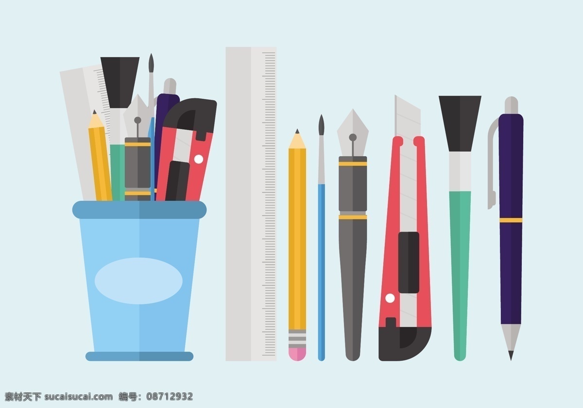 学习 工具 笔筒 矢量 铅笔 尺子 小刀 矢量素材 毛笔