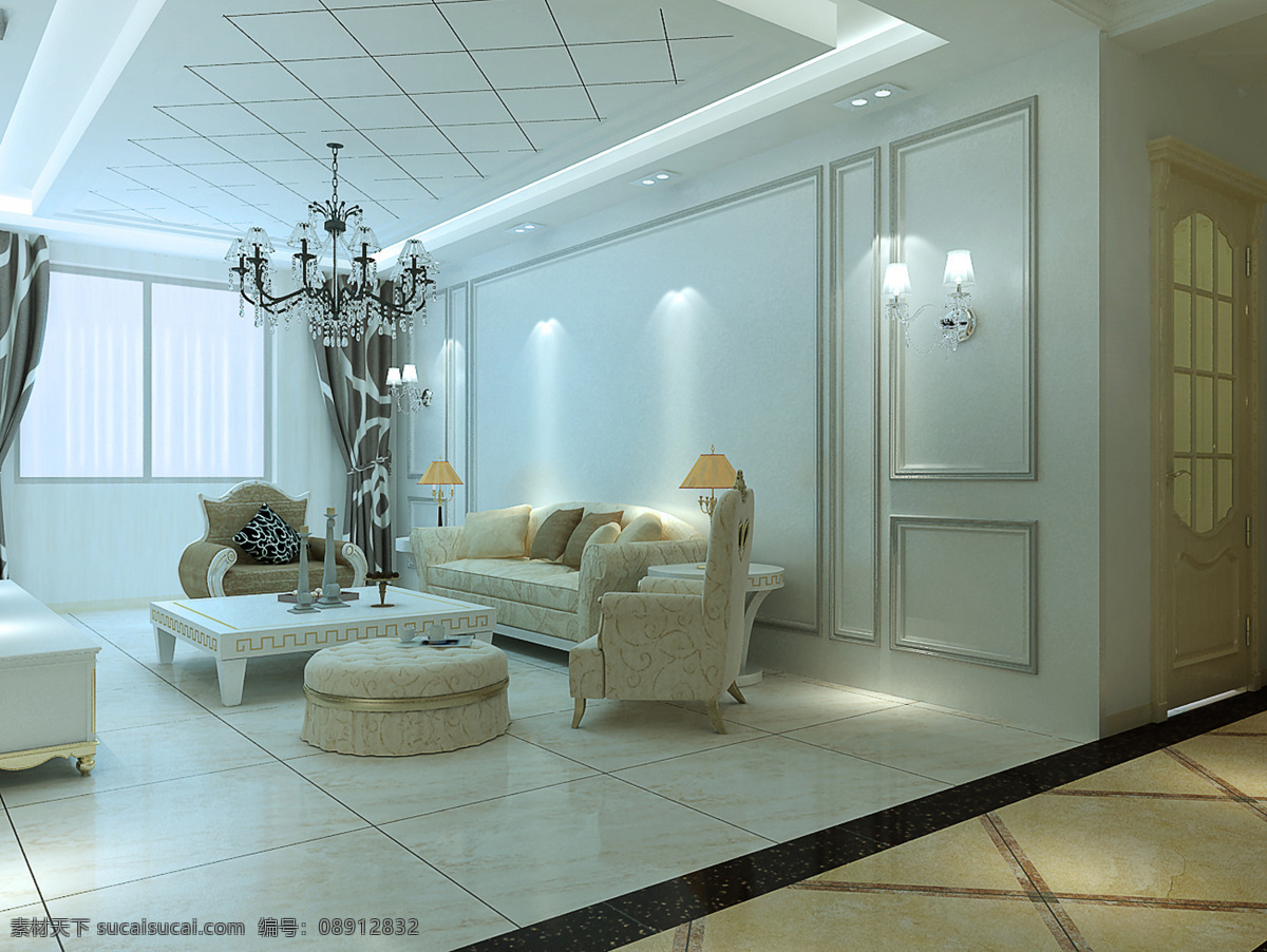 3d设计 地面拼花 欧式客厅 欧式 客厅 效果图 欧式门 设计素材 模板下载 护墙板 欧式布艺沙发 欧式灯等 家居装饰素材