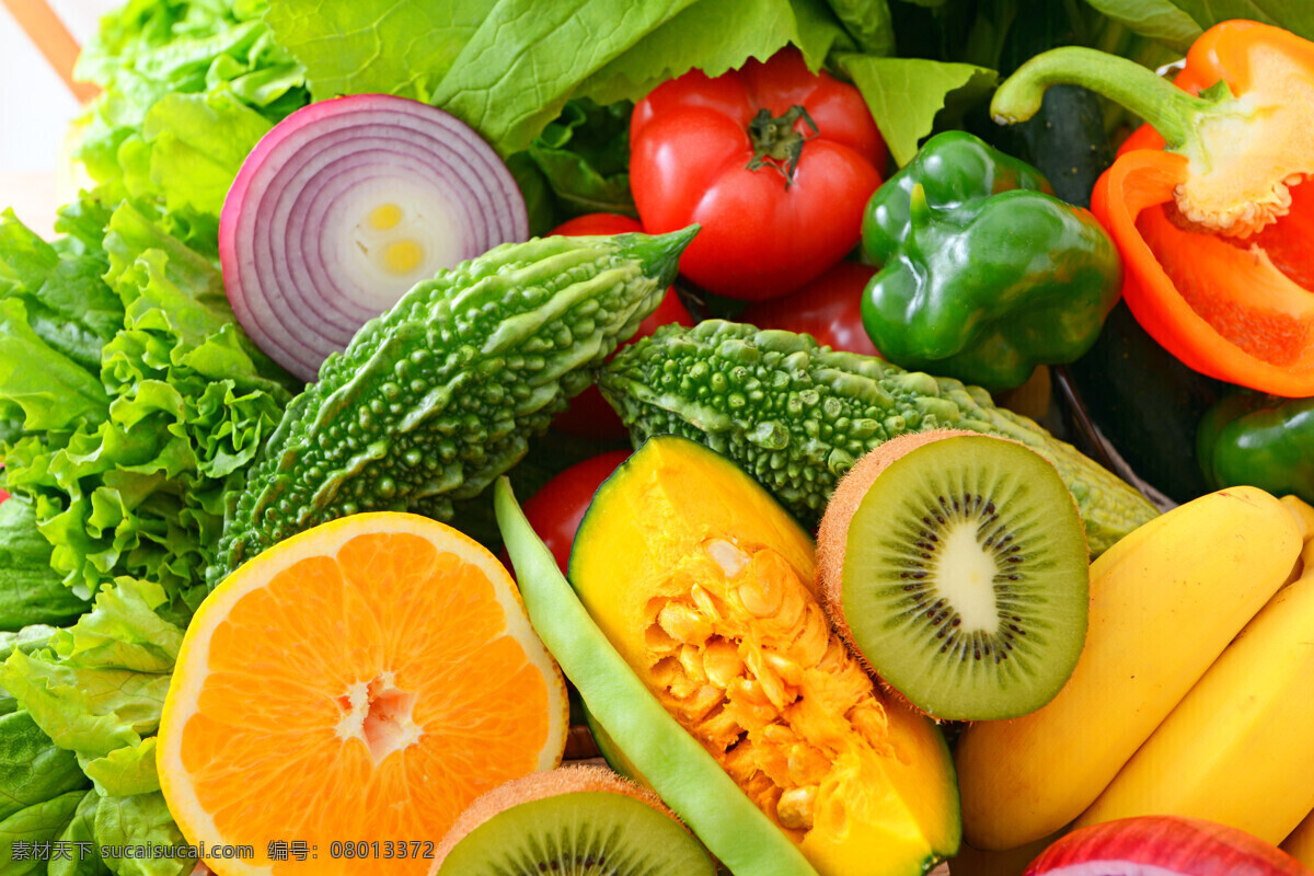 各种 绿色 蔬菜 水果 苦瓜 青菜 橙子 猕猴桃 木瓜 辣椒 食物原材料 食材 美味 水果蔬菜 餐饮美食 黄色