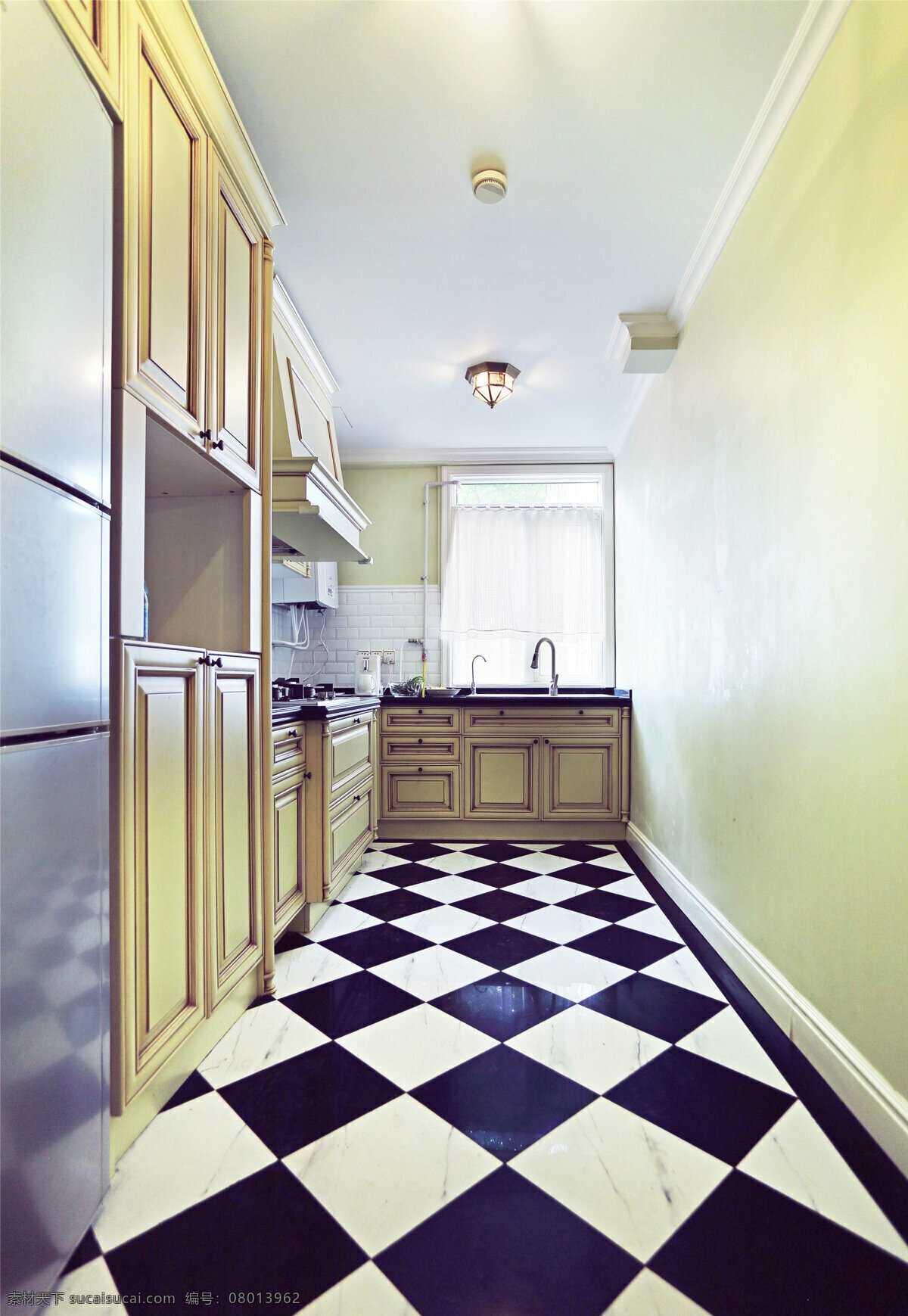 简约 风 室内设计 厨房 收纳柜 效果图 现代 料理台 菱形 地砖 洗菜池 壁柜 家装