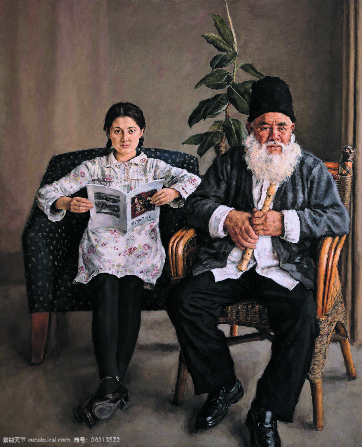 木卡姆 艺人 学生 美术 油画 人物画 男人 女人 老艺人 姑娘 房间 油画艺术 绘画书法 文化艺术