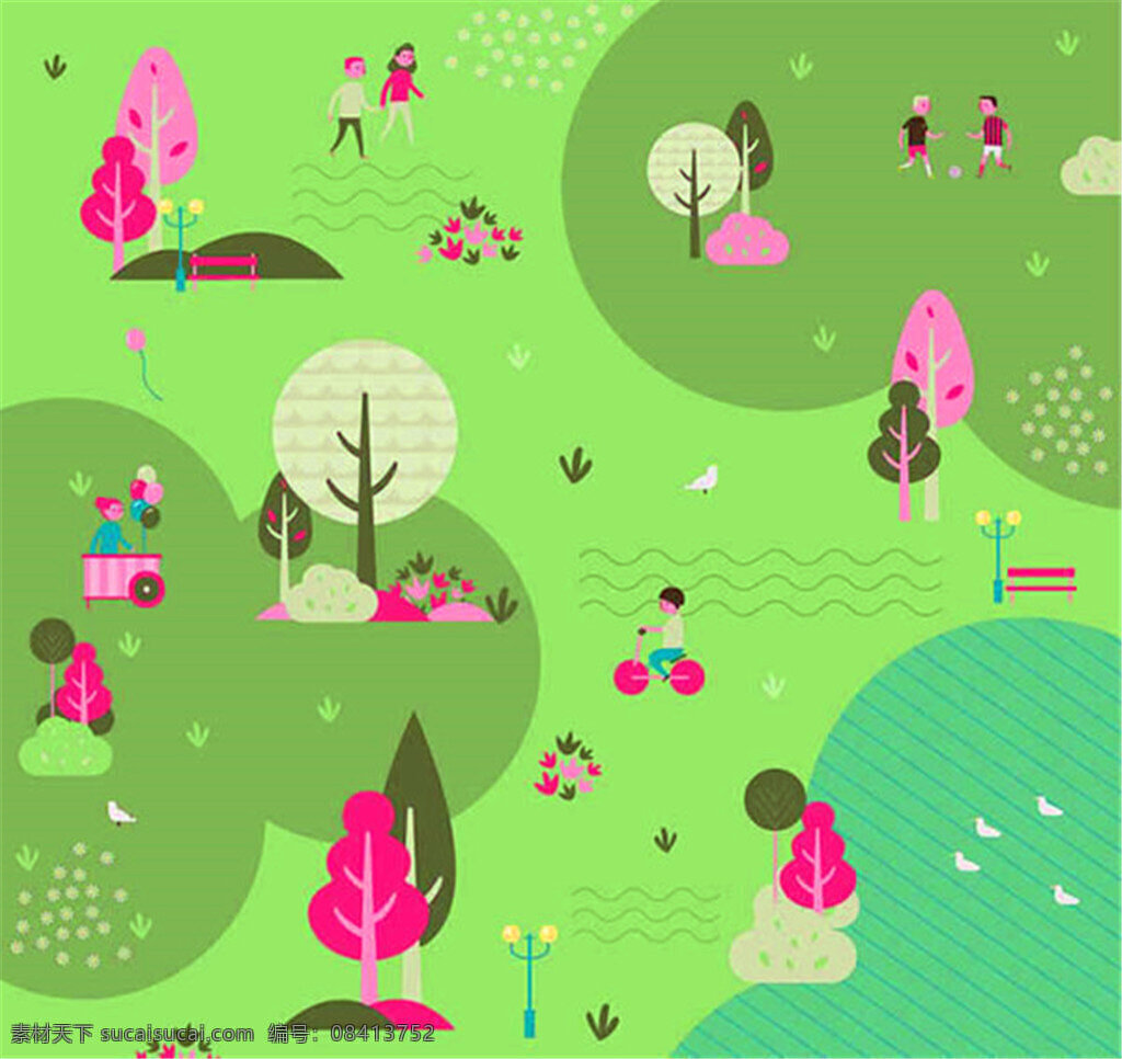 郊外风景插画 足球 人物 运动 池塘 野餐 单车 春季 花卉 插画 风景 矢量图 ai格式