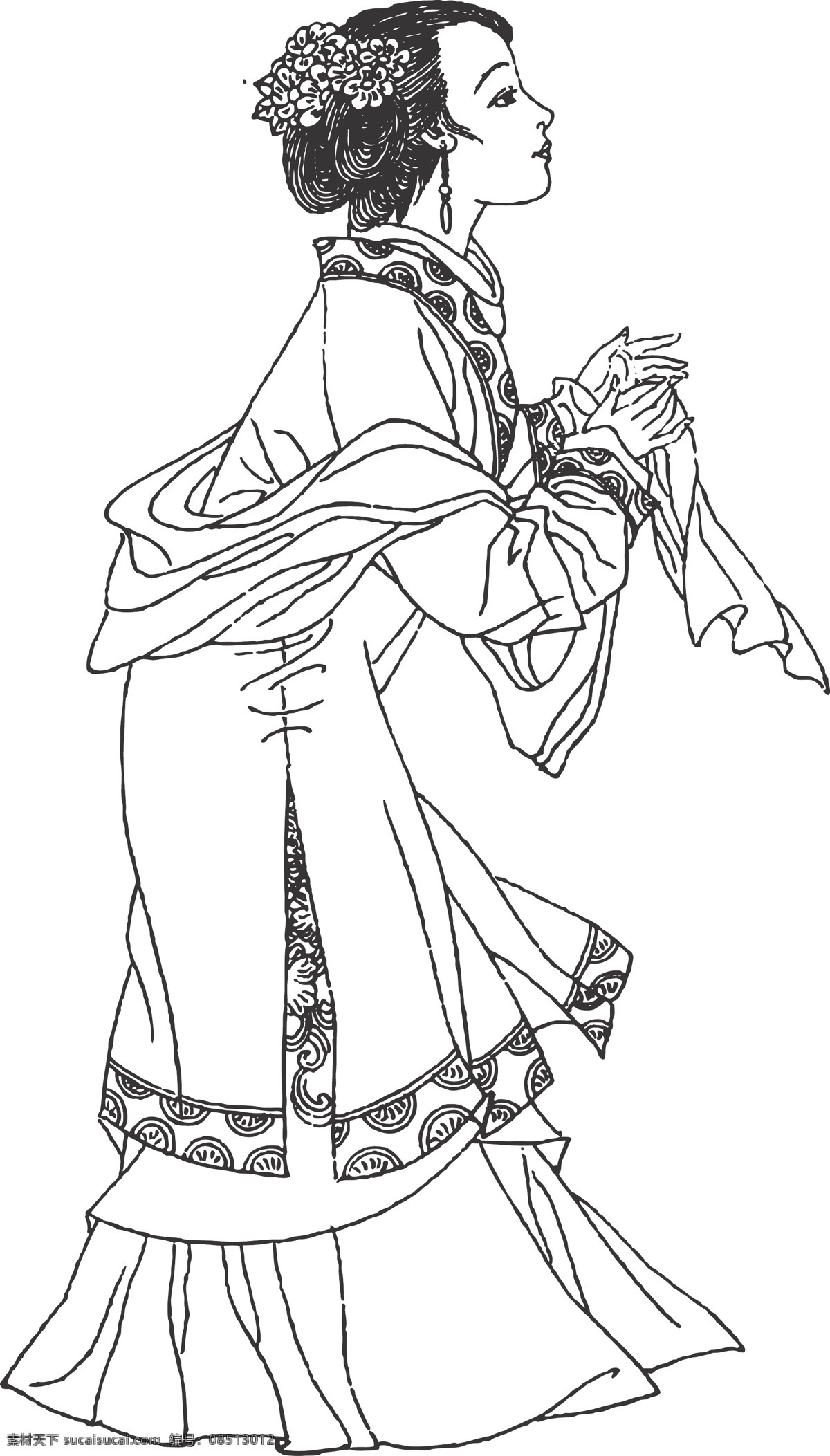 人物 女子 仙女 优雅 线条 适量 装饰 插画 白描 弯腰 仕女白描图 人物图库 女性妇女
