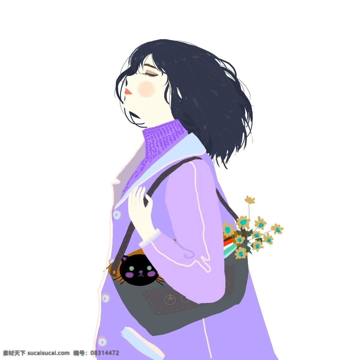 卡通 冬季 时尚 女孩 人物 插画 侧面 女人 包包