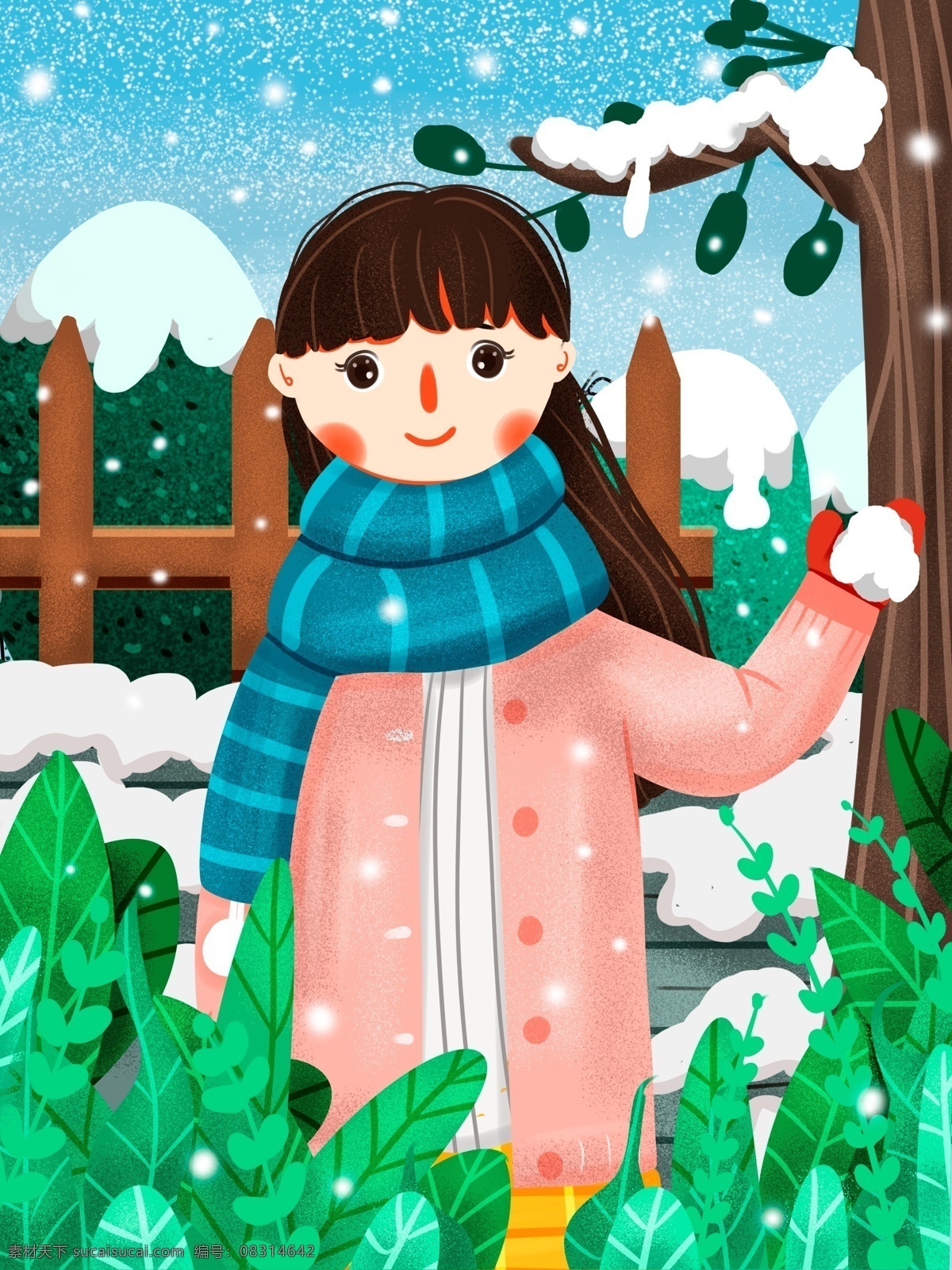 小 清新 十二月 你好 冬天 立冬 小雪 唯美 女孩 接 雪 可爱 小清新 插画 雪花