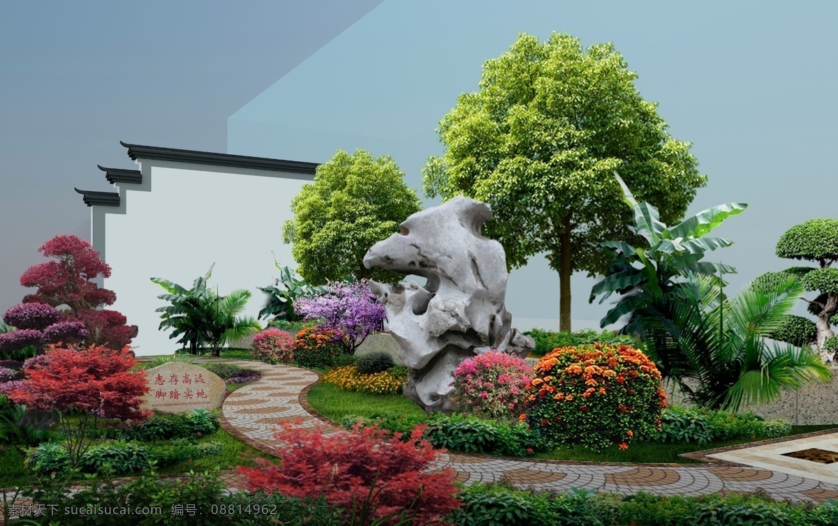 步道绿化 步道 绿化 景观 小品 红枫 香樟 新中式 草地 环境设计 景观设计