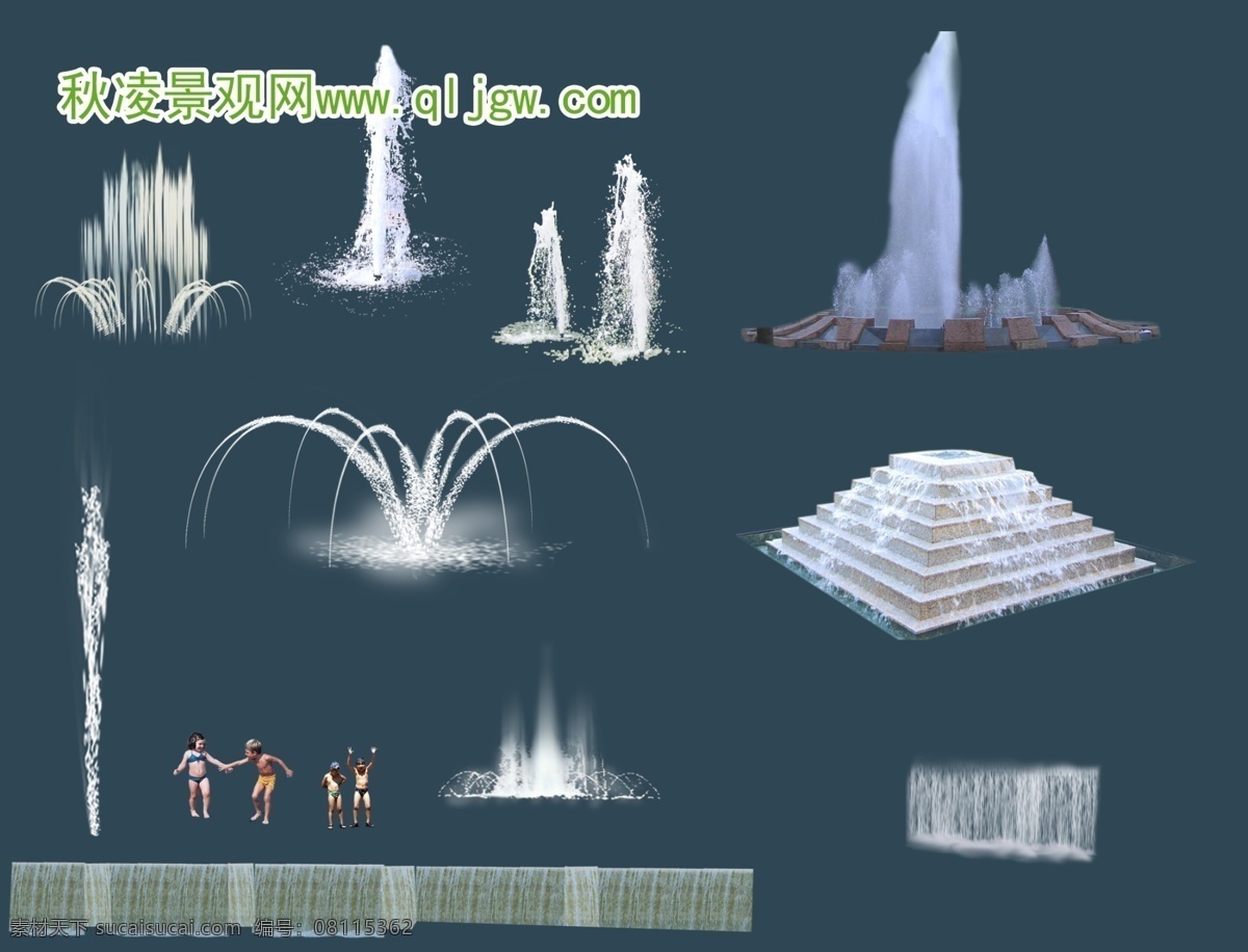 喷泉 叠水 水景 瀑布 景观水景 园林效果图 分层 源文件 共享作品 环境设计 景观设计