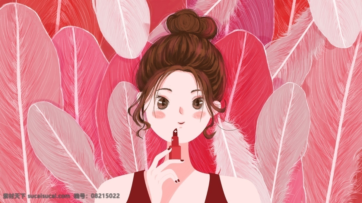 护肤 化妆 彩妆 羽毛 涂 口红 俏皮 少女 丸子 头 插画 红色背景 小清新 护肤化妆 少女丸子头