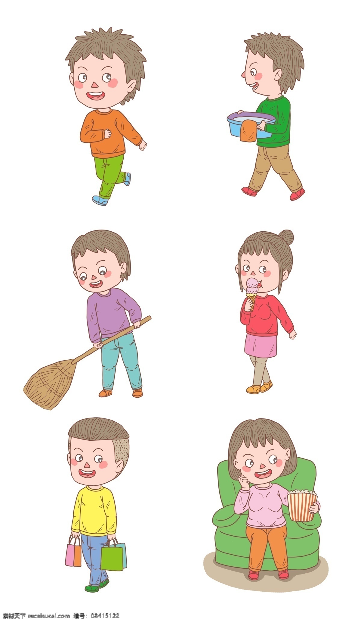 卡通 手绘 人物 男孩 女孩 系列 看电视少女 买礼品少年 吃冰淇淋少女 打扫院落男孩 打扫 卫生 水 慢跑少年