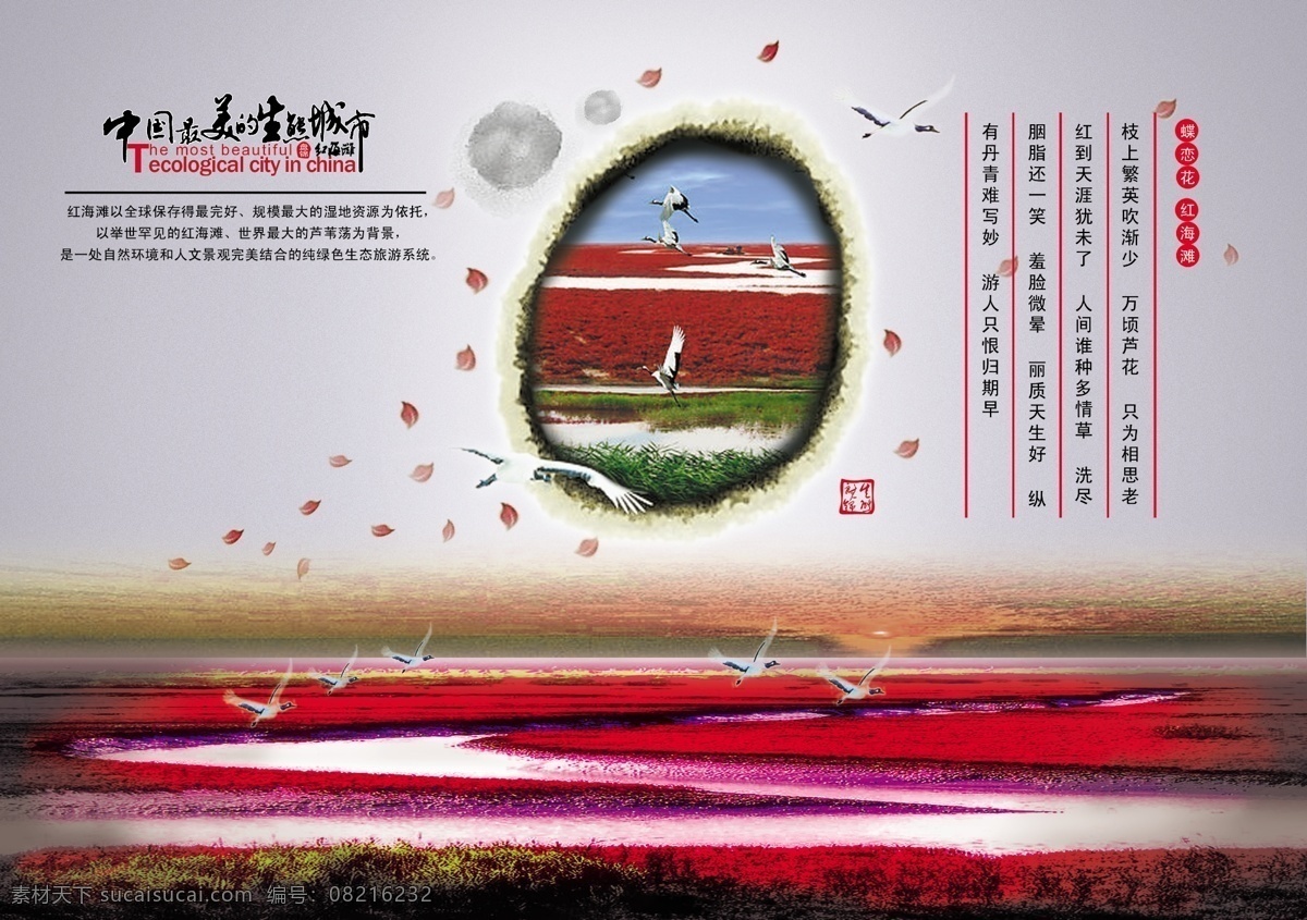 红海 滩 宣传单 正面 红海滩 盘锦 中国 美丽的 城市 生态 丹顶鹤 分层 源文件