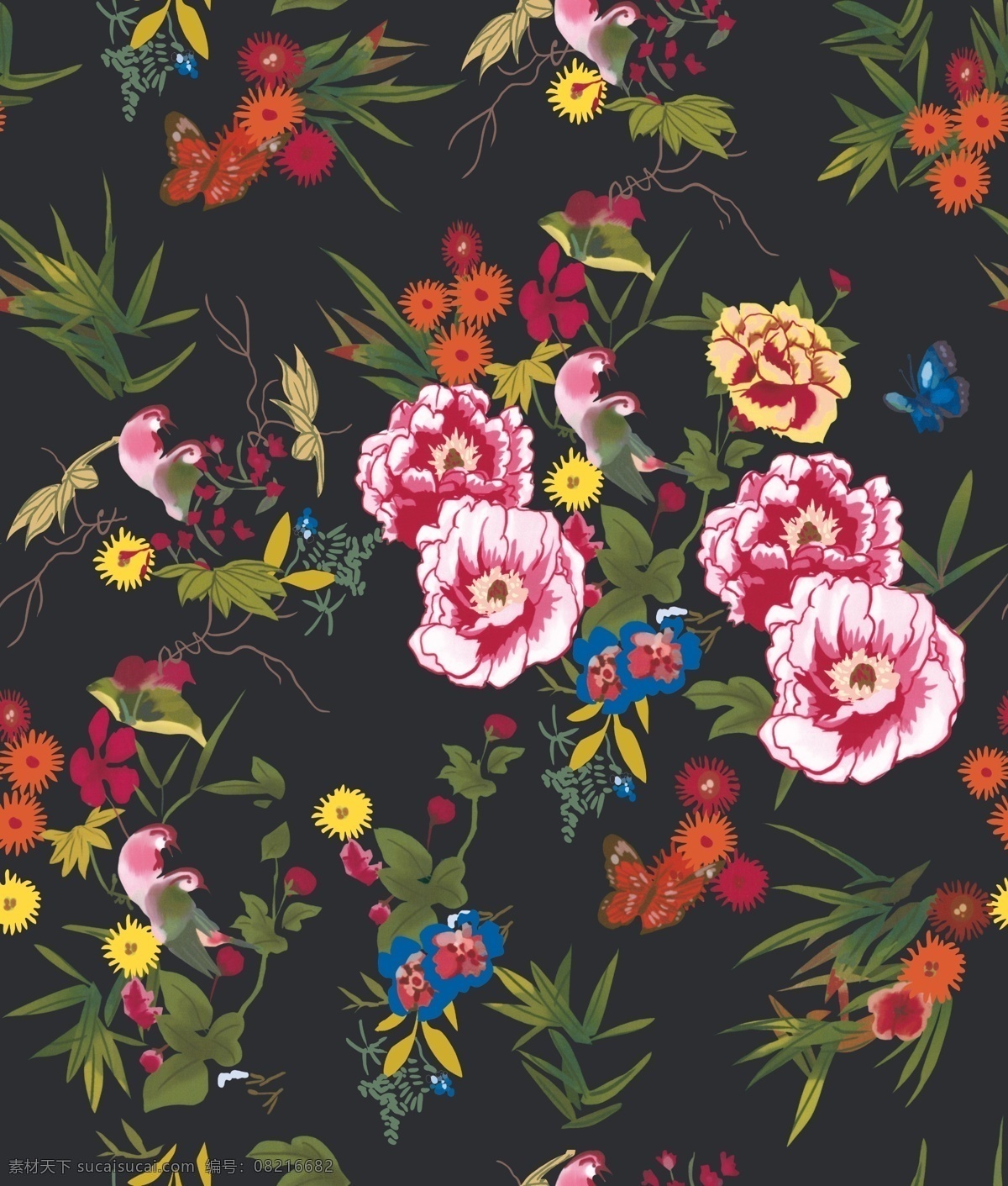 数码印花 绿叶 牡丹 花朵 印花 图案 底纹边框 条纹线条