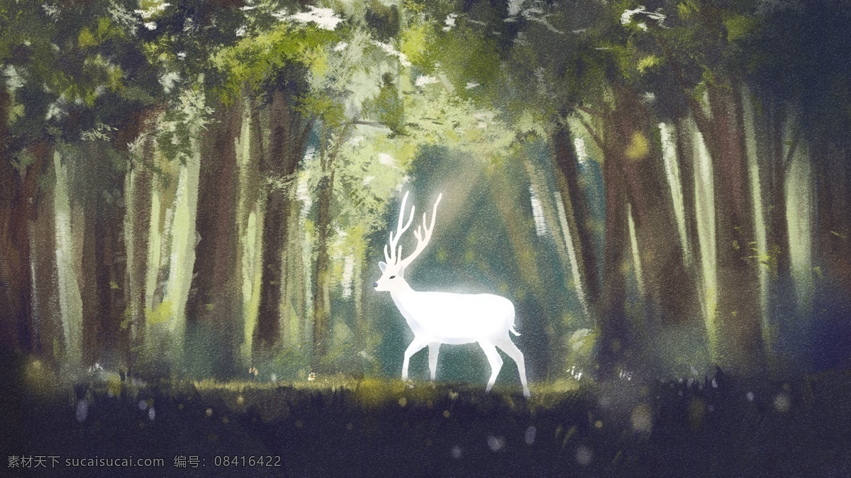 梦幻 创意 手绘 治愈 系 森林 鹿 插画 治愈系 树林 森林与鹿