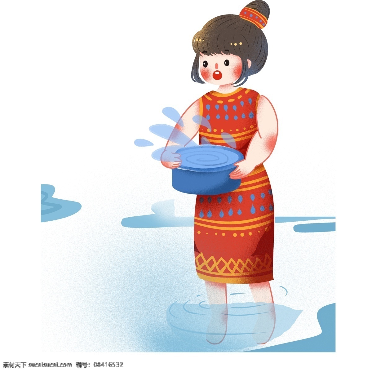手绘 泼水节 傣族 女孩子 插画 卡通 可爱 女孩 人物