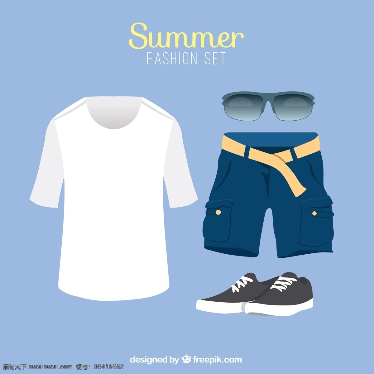 夏季矢量服装 夏季服装素材 服装 短袖 t恤 鞋子 白色