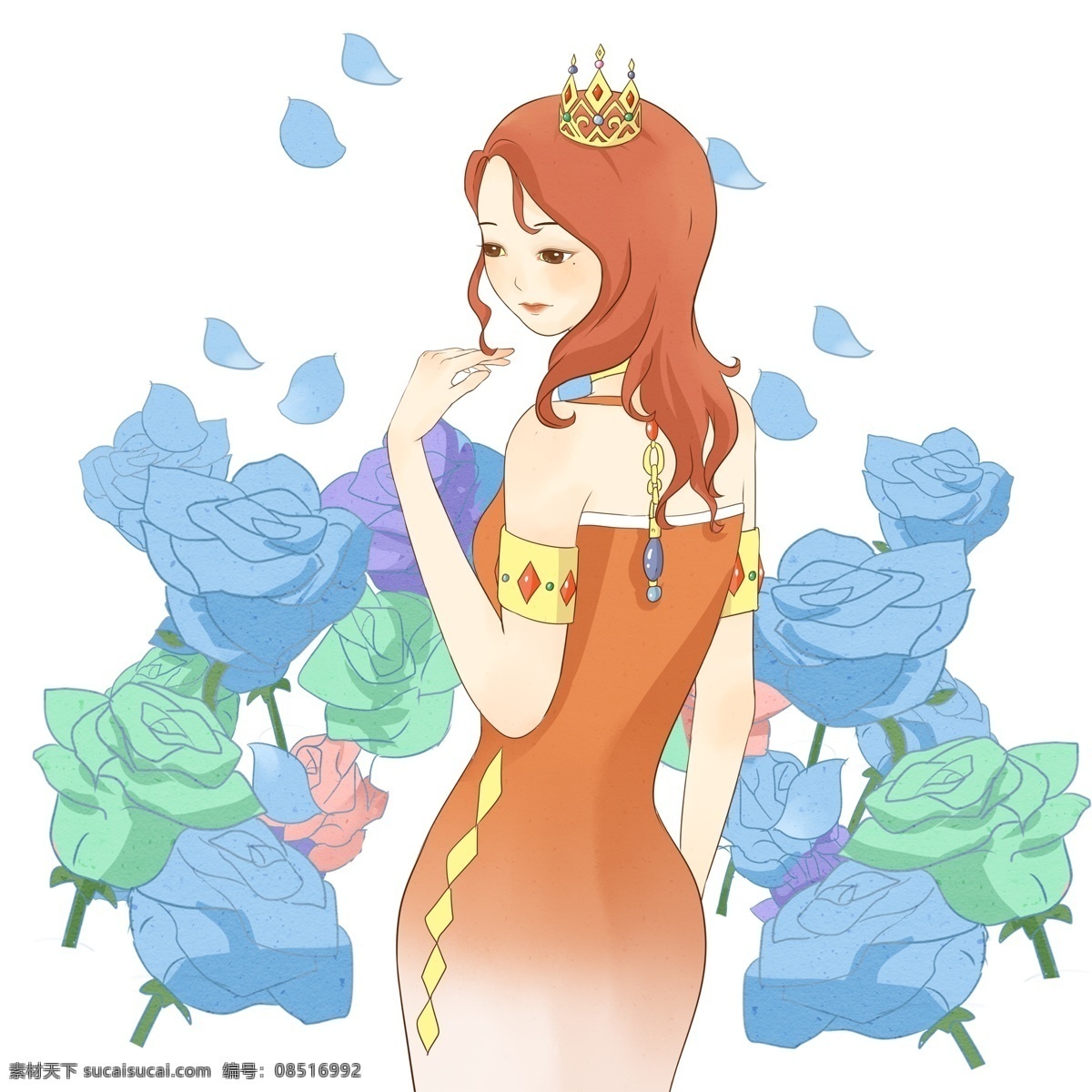 彩色 花丛 中 女孩 元素 创意 花丛中 长发 美女 衣服 穿着 裙子 可爱 卡通插画 花朵 绽放 大自然