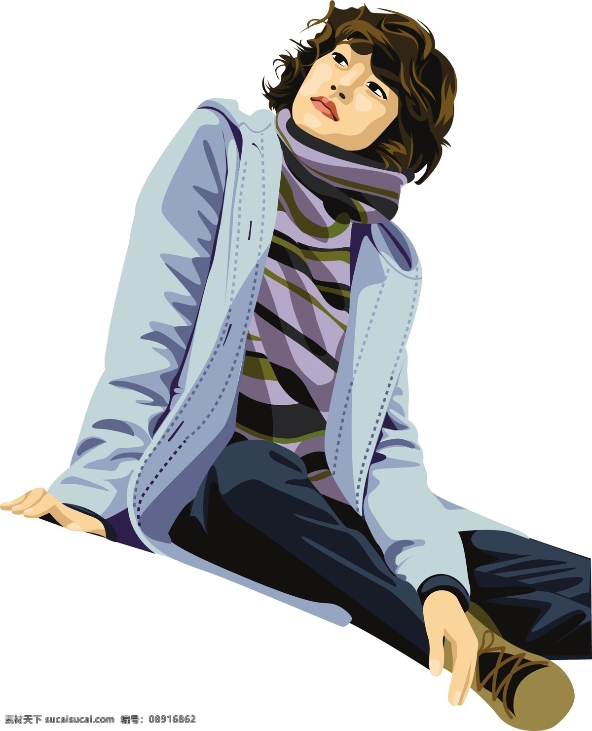 矢量 冬季 女孩 个性 毛衣 女人 女性 时尚 矢量素材 外套 蓝色衣服 坐 矢量图 矢量人物