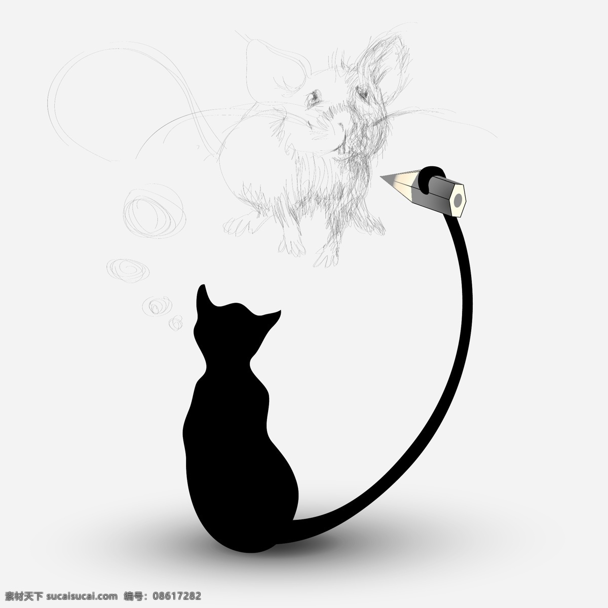 画 老鼠 黑色 小猫