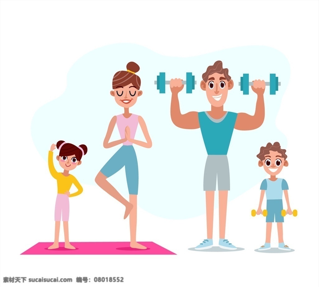 一家人运动 儿童 人物 卡通 矢量 健身 哑铃 瑜伽 锻炼 体育 运动