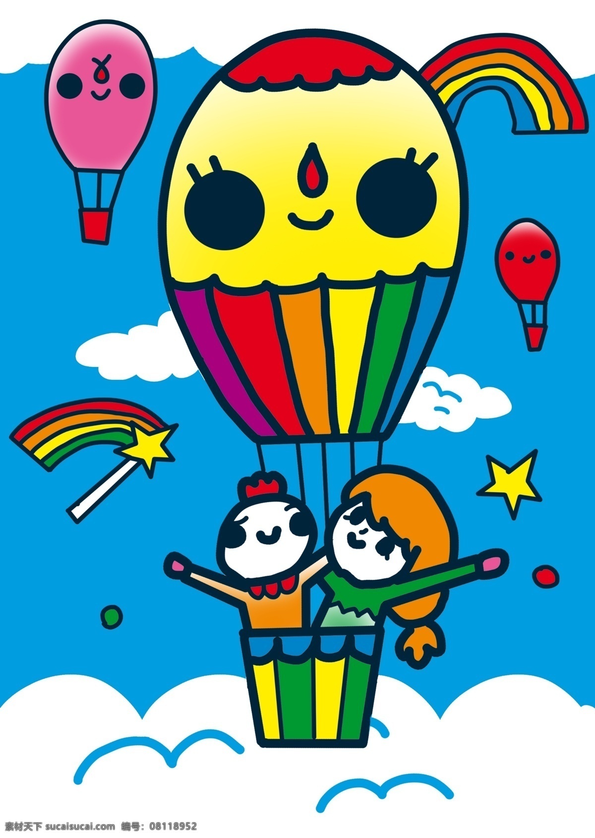 儿童画 儿童 热气球 天空 蜡笔 可爱 动漫人物 动漫动画